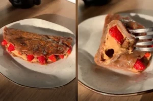 Chocolate Pancake Stuffed with Peanut Paste and Strawberry