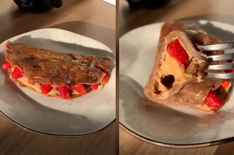 Chocolate Pancake Stuffed with Peanut Paste and Strawberry
